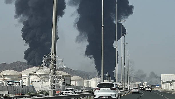 Drone attack confirmed on Fujairah oil industry area, resulting in fire.