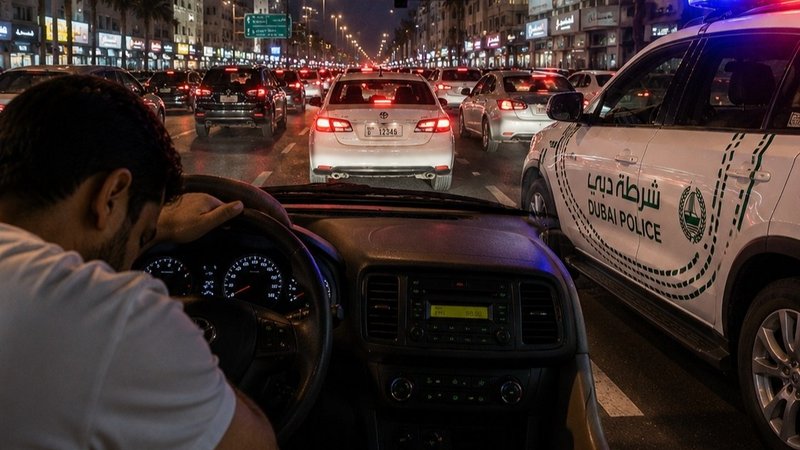 یک راننده مست در دبی وسط تقاطع نایف خوابش برد و موجب ازدحام ترافیک شد؛ جریمه ۵ هزار درهمی و ۳ ماه محرومیت از رانندگی